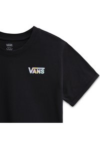 Svart Vans t-shirt med kort ärm och liten flerfärgad Vans-logga på vänster bröst, rund halsringning, storlek small.
