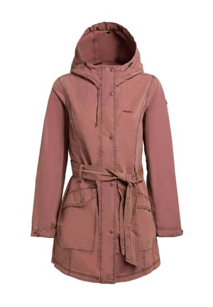 Veste à capuche longue mauve à manches longues avec boutons à l'avant, ceinture en tissu et deux poches à rabat, conçue pour une tenue décontractée féminine.