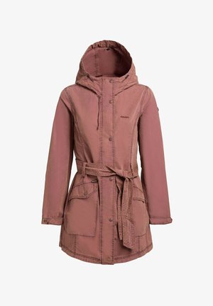 Veste à capuche longue mauve à manches longues avec boutons à l'avant, ceinture en tissu et deux poches à rabat, conçue pour une tenue décontractée féminine.