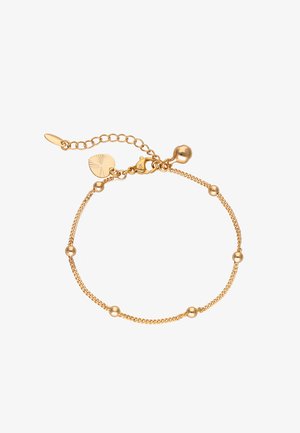Brățară din aur cu un design în lanț, decorată cu mici mingițe sferice, sistem de prindere ajustabil și charmuri de accent pentru un plus de detaliu.