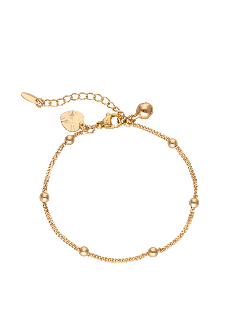 Zlatý náramek se strukturou řetízku a malými kulatými korálky, nastavitelným zapínáním a ozdobnými přívěsky pro přidaný detail.