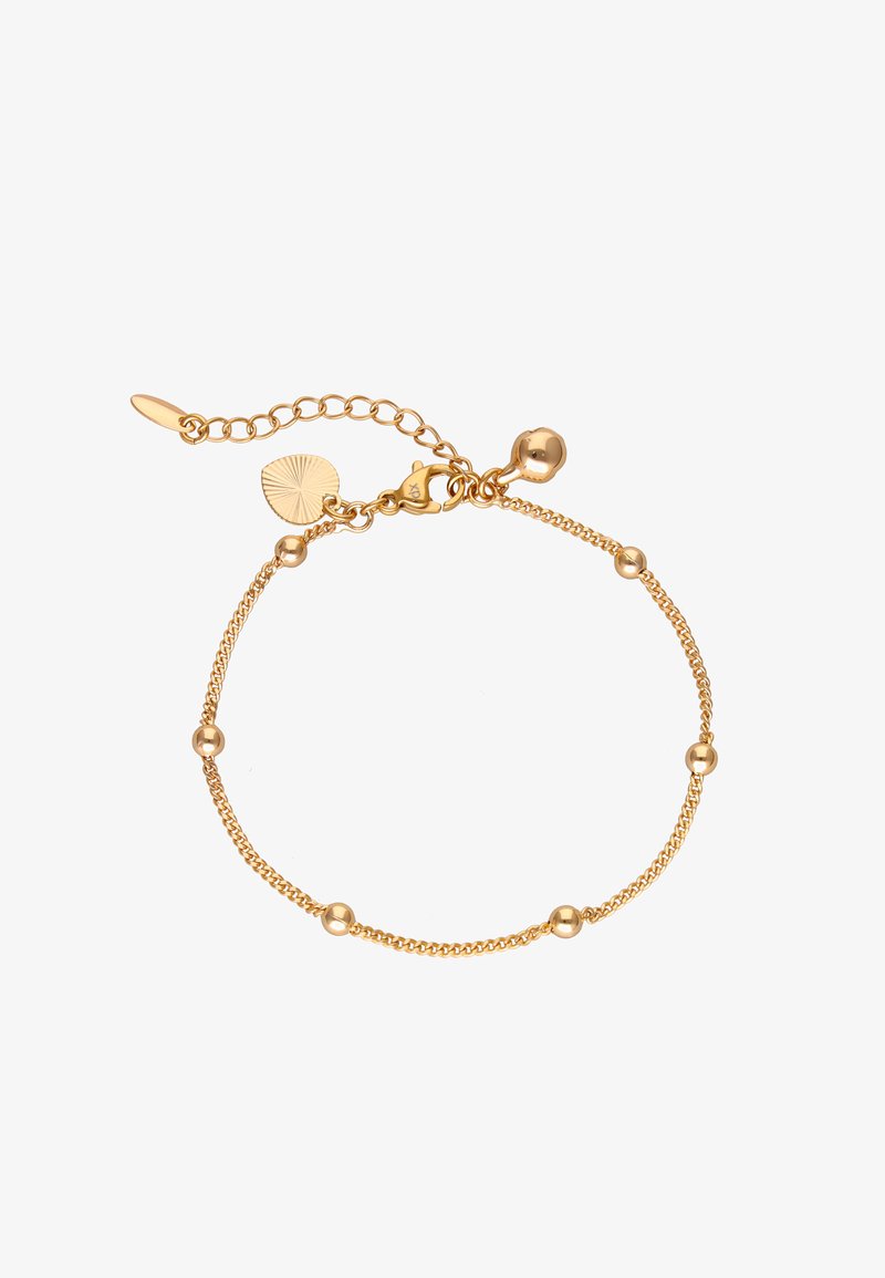 Zlatý náramek se strukturou řetízku a malými kulatými korálky, nastavitelným zapínáním a ozdobnými přívěsky pro přidaný detail.