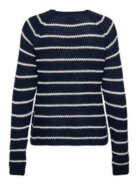 Pull en maille bleu marine à manches longues avec des rayures blanches horizontales réparties uniformément sur le corps et les bras.