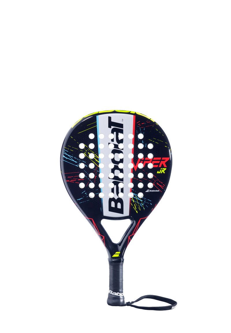 Padelracket med en rund hoved, sort overflade med farverige sprøjt, udskåret greb og en tekstureret håndtag med en håndledsrem.