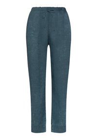 Linnen joggerbroek in donker teal met een elastische tailleband en trekkoord, met een rechte pijp en naaddetails aan de zijkant.