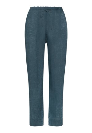 Liinakankaiset juoksuhousut tumman petroolinsinisinä, joissa on joustava vyötärönauha ja nyöri, suora lahje ja sivusaumojen yksityiskohdat.