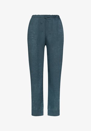 Joggerbukser i hør i mørk teal med elastisk talje og snøre, med lige ben og sidesømsdetaljer.