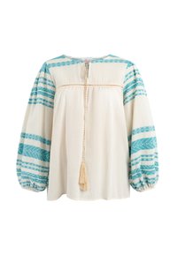 Camicia bianca con maniche a fantasia blu, caratterizzata da un colletto rotondo, maniche a palloncino arricciate e chiusura a fiocco con un tassello sulla parte posteriore.