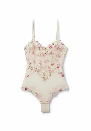 Body beige en dentelle florale avec bretelles fines réglables, délicate broderie rose et verte, et fermetures par boutons-pression à l'entrejambe.