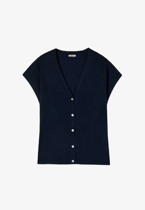 Cardigan tricotat cu mânecă scurtă, de culoare albastru închis, cu șase nasturi albi și guler în formă de V, așezat pe o suprafață albă.