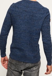 Pull bleu tricoté à manches longues et col rond, présentant un motif texturé. Le matériau semble chaud et confortable.