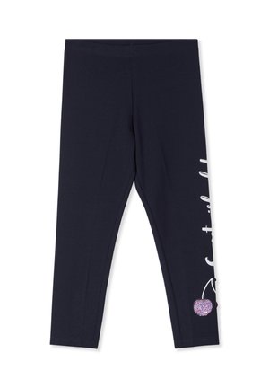 Leggings blu navy con testo scritto bianco e piccolo design di ciliegia glitterata sulla parte inferiore esterna di una gamba.