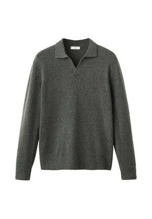Suéter de pulóver gris oscuro con cuello con muesca, mangas largas y dobladillos acanalados. Fabricado en material suave y texturizado. Diseño simple y moderno.