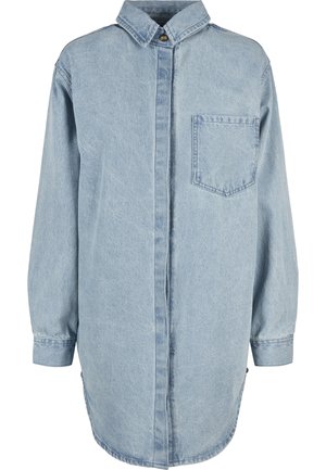 Lichtblauw spijkerblouse met een button-down kraag, voorvak, lange mouwen en een afgeronde zoom. De stof heeft een zachte, gestructureerde afwerking.