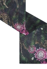 Scarf featuring a dark jungle pattern with green ferns, pink flowers, and leopard graphics. Edges are fringed and fabric texture appears soft.