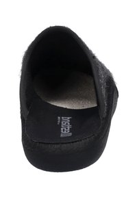 Black slip-on shoe with a textured upper and gray lining. Features a cushioned insole and a curved, solid black outsole. No visible hardware.