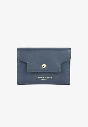 Blue leather wallet with a flap and snap button closure, featuring gold "Lancaster Paris" branding on front.