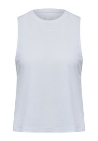 White sleeveless tank top made from textured fabric, featuring a crew neckline and subtle logo detailing at the chest.