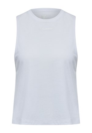 Hvid ærmeløs tanktop lavet af tekstureret stof, med en rund halsudskæring og diskret logo-detaljering på brystet.