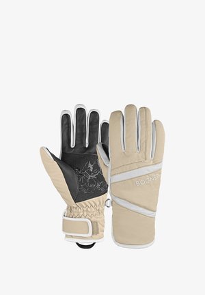 Beige and black winter gloves with a padded design, featuring a mountain graphic on the palm, white accents, and elastic cuffs with a strap.