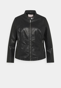Černá kožená bunda s vysokým límcem, předním zipovým zapínáním a dvěma bočními kapsami. Hladká textura, přiléhavý střih a dlouhé rukávy.