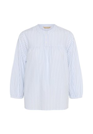 Lichtblauw en wit gestreepte blouse met een ronde halslijn, knoopsluiting en lange, pofmouwen. Gemaakt van een zachte stof.