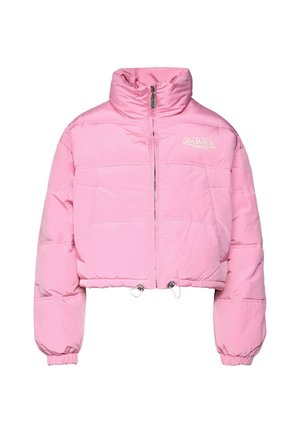 Roosa lühike pufferjope kõrge kraega, esine lukuga, elastsete mansettidega ja valge "Von Dutch Originals" logo vasakul rinnal.