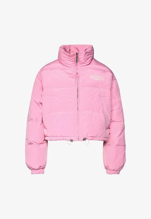 Roosa lühike pufferjope kõrge kraega, esine lukuga, elastsete mansettidega ja valge "Von Dutch Originals" logo vasakul rinnal.