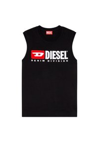 Črna majica brez rokavov iz bombaža, ki se ponaša z výraznim belim logotipom "DIESEL" in rdečim odsekom, pod katerim je napis "DENIM DIVISION".