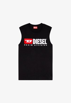 Czarny podkoszulek bez rękawów wykonany z bawełny, z wyraźnym białym logo "DIESEL" i czerwoną ramką, z napisem "DENIM DIVISION" poniżej.