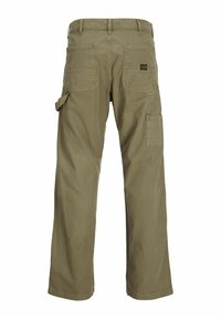 Khaki cargo-housut rentoa mallia, joissa on useita taskuja, suora lahkeiden muotoilu ja kestävä puuvillakangas.