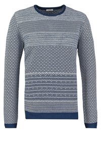 Pull en maille bleu et blanc à manches longues, col rond et poignets et ourlet côtelés.