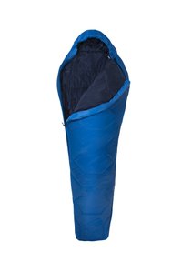 Blauer Schlafsack mit einem gesteppten Design, von dem ein glattes Innenfutter und ein offener Reißverschluss hervorgehoben werden, der eine kontrastierende dunkle Innenseite zeigt.