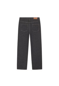 Mørke denimjeans med rett ben-design, som har to baklommer og et lysere lærmerke i livet.