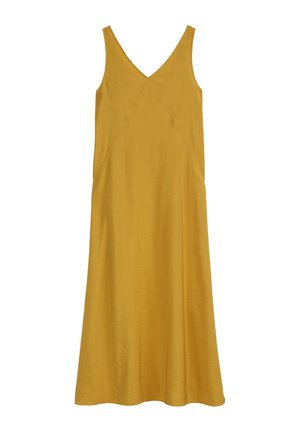 Robe jaune sans manches avec un décolleté en V, présentant un design simple et une silhouette évasée, fabriquée en tissu doux avec une texture lisse.