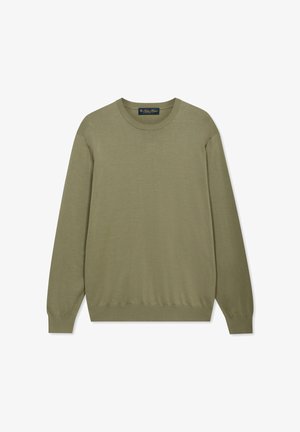 Olive green long-sleeve crew neck sweater with ribbed cuffs, hem, and neckline, laid flat on a white background.
