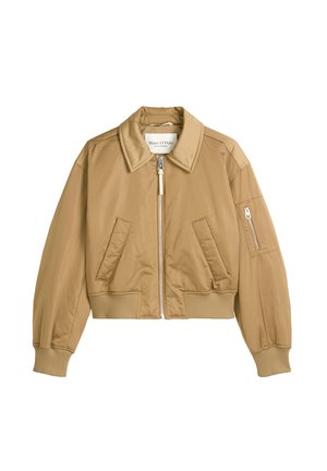 Hellbraune, kurz geschnittene Bomberjacke mit Frontreißverschluss, zwei schrägen Taschen, gerippten Bündchen und Saum sowie einer Reißverschlusstasche am linken Ärmel.