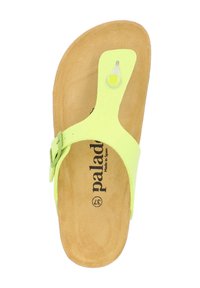 Neon gul flip-flop sandal med struktureret sål, en spændesnor og en tåpost. Har "paladone" branding på indersålen.