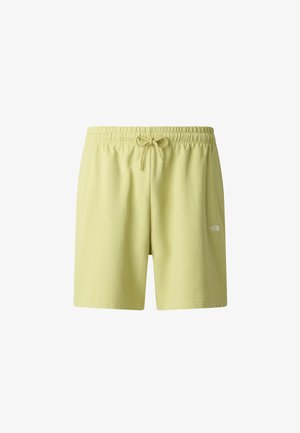 Vaaleankeltaiset puuvillashortsit, joissa on joustava vyötärönauha, kiristysnyöri ja valkoinen sivulogopainatus. Sileä pinta, rento malli.