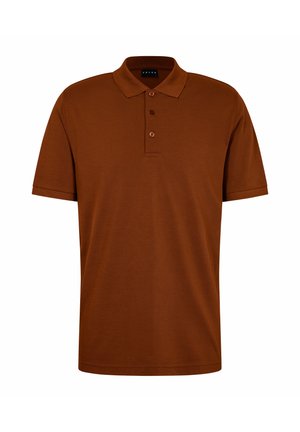 Brązowa koszulka polo z krótkim rękawem, trzema guzikami i kołnierzykiem, przedstawiona na białym tle.