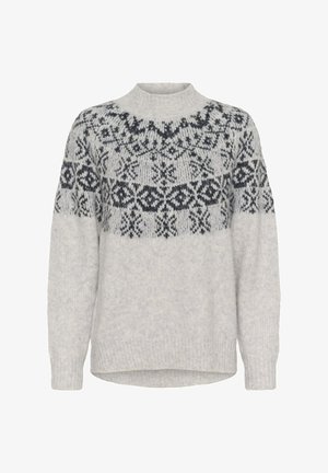 Hellgrauer Strickpullover mit einem dunkelgrauen und schwarzen geometrischen Muster entlang des Saums. Rippkragen und -bündchen, lockere Passform.
