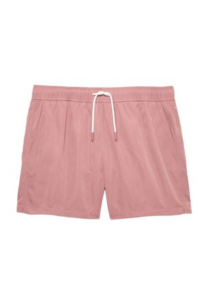 Shorts de baño rosa hechos de tela ligera y suave. Presentan una cintura elástica con cordón blanco y bolsillos laterales.