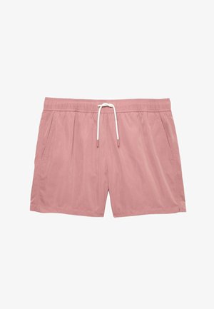 Pink swim shorts made from lightweight, smooth fabric. Features an elastic waistband with a white drawstring and side pockets.