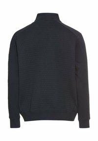 Zwarte sweatshirt met een gestructureerd honingraatpatroon op de achterkant, voorzien van een rechtopstaande kraag en ribgebreide manchetten en zoom.