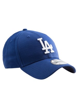 Blaues Baseballcap aus Baumwolle, mit einem weißen gestickten "LA"-Logo auf der Vorderseite. Gebogener Schild und verstellbarer Riemen hinten.