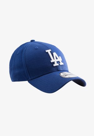Cappellino da baseball blu in cotone, con un ricamo bianco "LA" sul davanti. Visiera curva e cinturino regolabile sul retro.