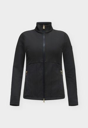 Chaqueta negra de manga larga, con cuello alto, cremallera frontal completa y dos bolsillos con cremallera, sobre un fondo claro y liso.