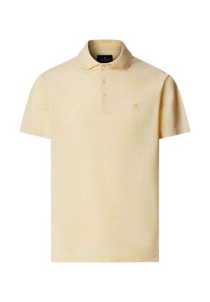Poloshirt aus hellgelber Baumwolle. Verfügt über einen klassischen Kragen mit drei Knöpfen, kurze Ärmel und ein kleines, gesticktes Logo auf der Brust.
