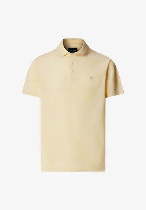 Poloshirt aus hellgelber Baumwolle. Verfügt über einen klassischen Kragen mit drei Knöpfen, kurze Ärmel und ein kleines, gesticktes Logo auf der Brust.