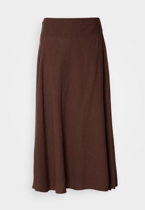 Ruskea maksihame, jossa on sileä pinta, leveä joustava vyötärö ja virtaava muotoilu, sopii rentoon tai puolimuodolliseen pukeutumiseen.